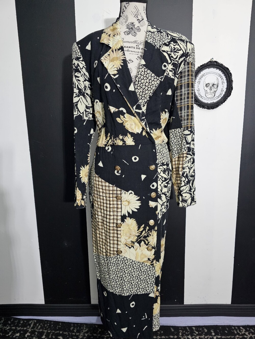 Floral Patchwork Double-Breasted Maxi Coat - Black & Cream